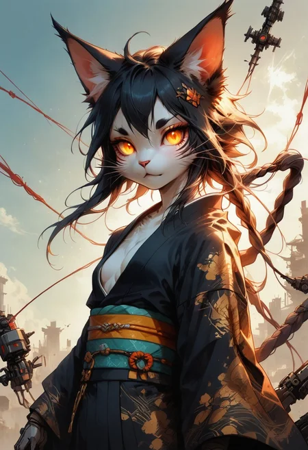 score_9, score_8_up, (( furry cat cute petite young)) ,black fur, character focus:1.1, (dynamic angle:1.2), high resolution, 8k, sharp, a cute girl, cute eyes, detail eyes, (kimono, japanese clothes:1.2), (small breasts), (sagging breasts:0.6), slender, (pale skin:0.8), black hair, long hair, braid, cowboy shot, (dutch angle:1.2), dynamic pose, god rays, light, gold and black skin, sky, advntr, reelmech, mechanical parts, cable, wires, machinery, joints, body suit, glowing, glowing eyes, black hair, <lora:RM_MechArmor_v1.8:0.7> Power Suit, Advanced Gear , Futuristic, dark mood, low key, cinematic