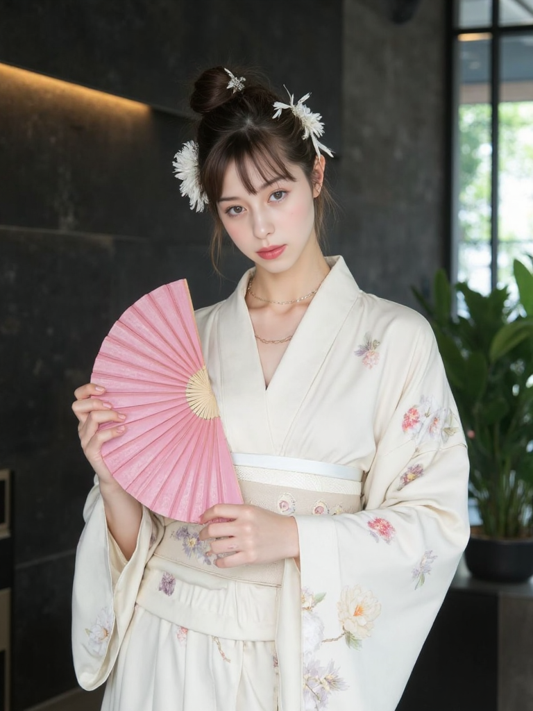 There are wonderful studio lights and various reflections,
18yo beautiful cute girl with blushing and female orgasm.skin naturally showing the texture of blood vessels and detailed pale skin,
--,
<lora:Nakajo_Ayami_f1:1>,she is Nakajo Ayami, --,This image presents an elegant pose of a young woman wearing a kimono,holding a fan,standing in front of a modern background,exuding a unique charm that blends classical and modern elements. She is dressed in a light-colored kimono adorned with soft floral patterns,the colors are subtle and fresh,giving a tranquil and beautiful feeling. The V-neck design of the kimono is bold and sexy,revealing her delicate collarbone and the necklace she wears,along with a full cleavage,adding a touch of allure. The loose sleeves and fitted waist design highlight her graceful body curves.,The model's pose is elegant and confident,holding a pink fan with a delicate pattern that complements the style of the kimono. She is slightly turned to the side,her gaze softly looking forward,her rosy lips slightly parted,with a calm expression that carries a hint of mystery. Her hair is styled into an exquisite bun,adorned with a white hair accessory,making her appear more dignified. Her makeup is refined,with arched brows and eyes,exuding a gentle and charming aura.The background features a modern indoor environment,with dark stone walls that convey a sense of stability and restraint. A blurred window is faintly visible in the background,with indistinct green plants outside,adding a touch of vitality to the scene. The overall image,through the clever use of light,color,and composition,successfully creates a classical,elegant,and slightly sensual atmosphere,showcasing the model's unique charm and temperament.
