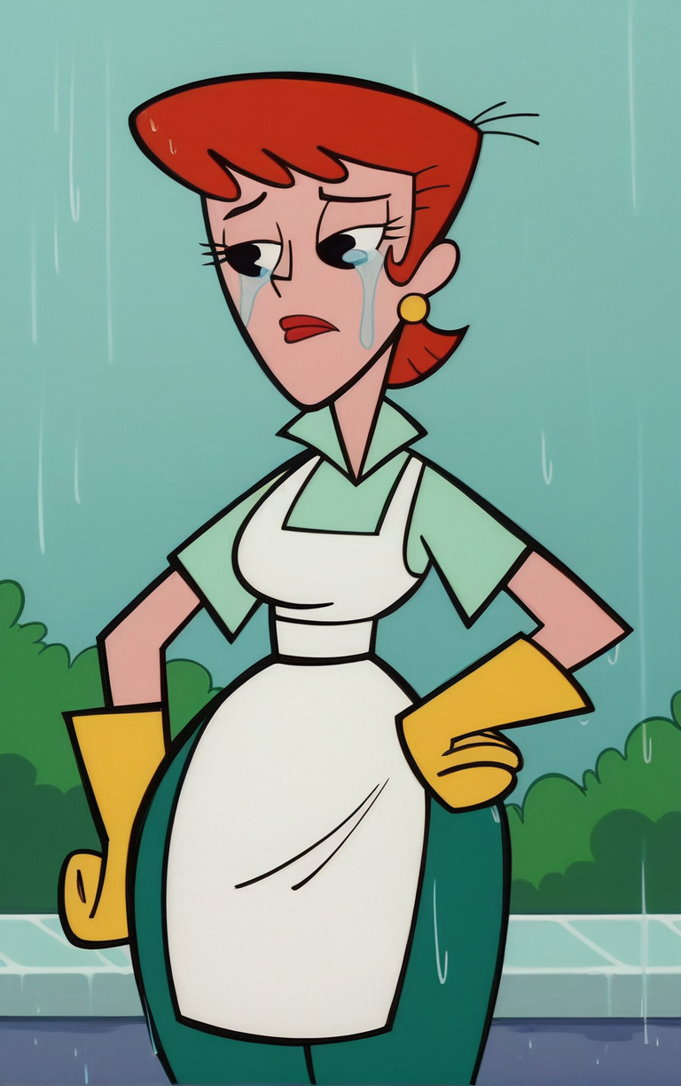 score_9, score_8_up, score_7_up, BREAK
MainOutfit_DextersMom_ownwaifu, 
1girl, aqua shirt, breasts, collared shirt, earrings, eyelashes, green leggings, narrow waist, oven mitts, red hair, red lips, short hair, thick thighs, white apron, wide hips, yellow gloves, jewelry, lipstick, makeup, apron, black eyes, short sleeves,
(portrait, rain, sad), crying, waterfall, wet, wet clothes, closed mouth, hydrangea, outdoors, <lora:PONYXL_MOM_DextersMom_ownwaifu:0.75>, solo,