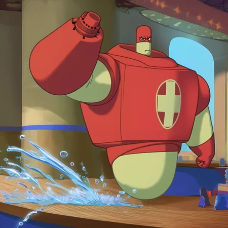 osmosisdrix, score_9, score_8_up, score_7_up, high quality, masterpiece, source_anime, robot, clenching fist, aiming, 1boy, looking at viewer