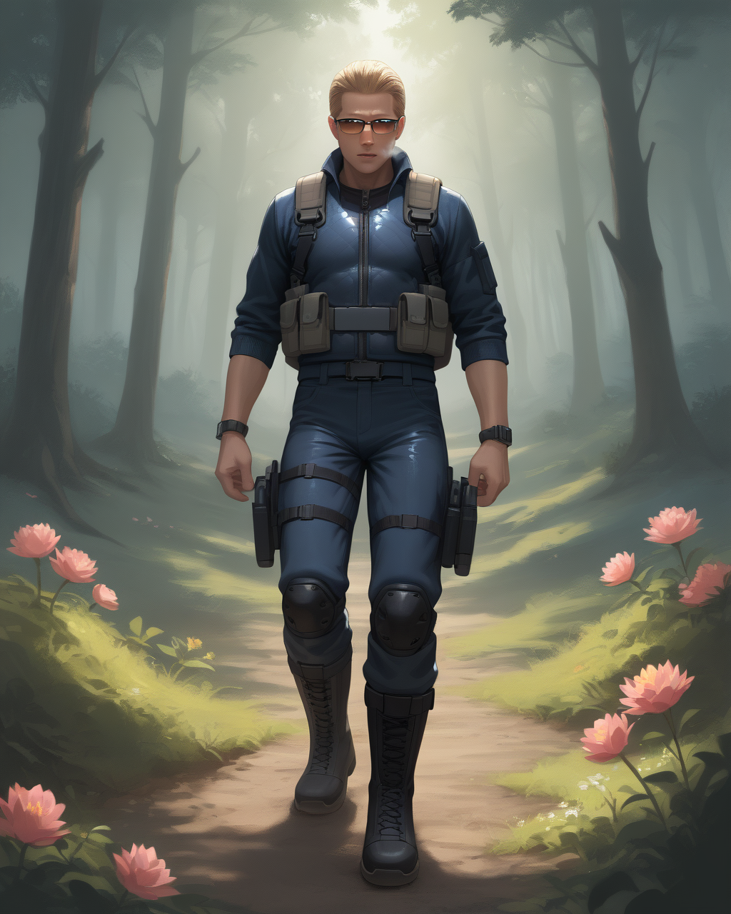 PonyScores7, source_anime, ah1, best quality, (masterpiece:1.4), (high quality:1.4), sharp focus, 4k, absurd resolution, <lora:albertwesker-guy-PONYv1:0.8> albertwesker, albert wesker, 1boy,  blonde, (sunglasses:1.3), looking at viewer, toned, athletic, fit, slicked back hair, mature male, short hair, (cruel overseer, harsh with a whip and a ledger of punishments), (a dense ancient forest, with vibrant flowers, peaceful streams, soft sunlight, tranquil vibes), bad-hands-5, ((breath expression)), <lora:xl_more_art-full_v1:0.2>, <lora:shinyskin2:0.2> glistening skin, <lora:aesthetic_anime_v1s:0.2>, <lora:Expressive_H:0.2> Expressiveh, <lora:hairdetailpxl:0.2> hairdetailpxl, <lora:detailxl:0.2> detailxl, (Double Exposure shot), (|body armor}, carrying a grenade, tactical helmet, heavy-duty jacket with multiple pockets, tactical pants, lightweight boots with reinforced toe), (focused, intense glare), short hair, blue eyes, best quality, amazing quality, best aesthetic, absurdres, <lora:expressive eyes:0.2> expressive eyes, <lora:eyedetailpxl:0.2> eyedetailpxl, illustration, Volumetric_Lighting, ultra-detailed, very aesthetic, intricate details, 8k, masterpiece, best_quality, (angular face, sharp_featured face), <lora:Eyes_High_Definition:0.2> EyesHD, handsome, charming, alluring, AS-MidAged,