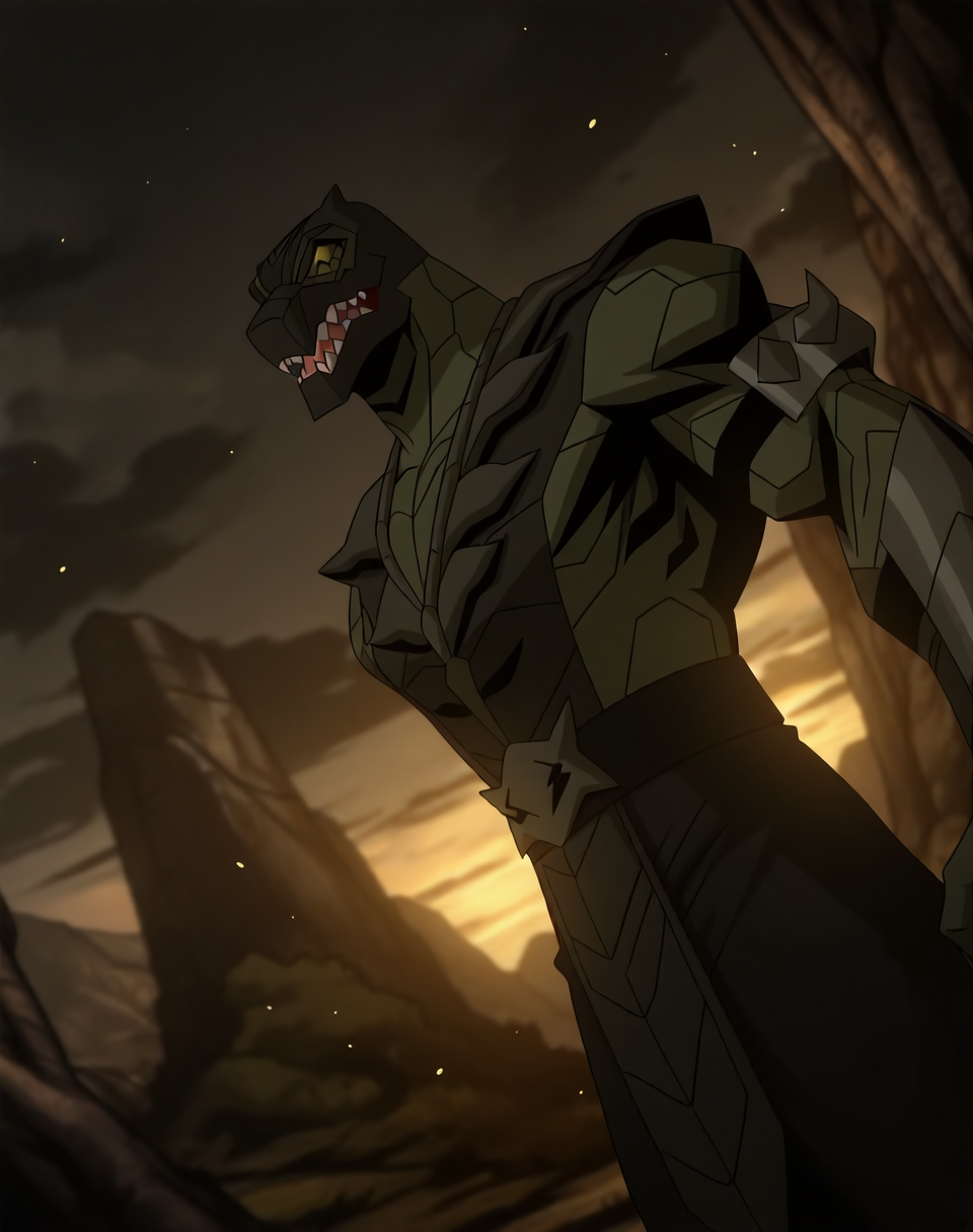 <lora:Reptile_(Mortal_Kombat_Legends_Scorpion's_Revenge)_(Illustrious)_(AD):1.35> Reptile_MK, muscular, Mortal Kombat, 
dutch angle, exterior, monumental architecture, wasteland, dark night sky with black clouds, mountains, ancient Asian stone ruins, 
male focus, gradient coloring, villain, cowboy shot, white teeth, 
BREAK very awe, aesthetically pleasing, masterpiece, best quality, amazing quality, very aesthetic, perfect depth of field shot, in'ei, source_furry, furry_art, 
Smooth Quality, lazympos, IllustQualXL_Pos,
