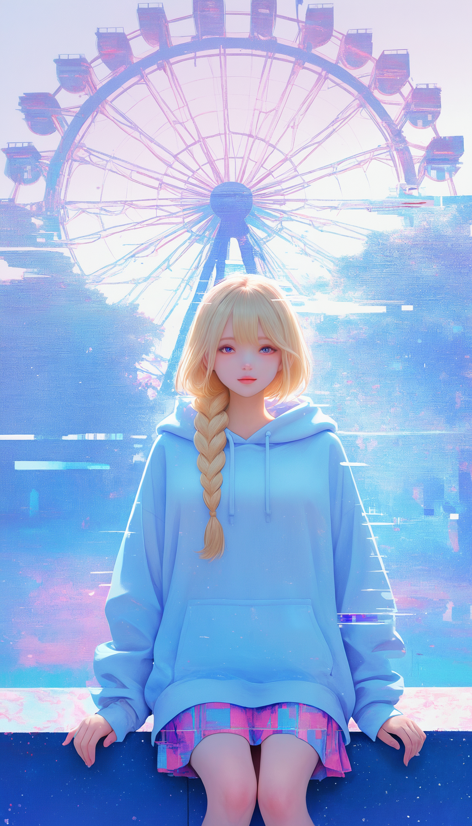 1woman, adult, long blonde sigle braid, oversized hoodie, short skirt, sitting in ferris wheel, fairground, realistic face, 0__11Xx_illu, surreal, glitch, dream_theme BREAK masterpiece, very aesthetic, absurdres, drop shadow, real life, casual, abstract, traditional media, scan, blending