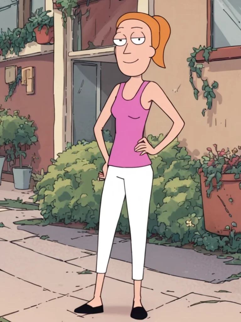 , looking at viewer,hand on own hip, outdoors,<lora:SummerPony1.0:1>black footwear,summer.smith, orange hair, 1girl, ponytail, solo, pink tank top, white pants, smile, hand on hip,, score_9, score_8_up, score_7_up, score_6_up