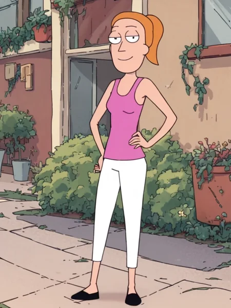 , looking at viewer,hand on own hip, outdoors,<lora:SummerPony1.0:1>black footwear,summer.smith, orange hair, 1girl, ponytail, solo, pink tank top, white pants, smile, hand on hip,, score_9, score_8_up, score_7_up, score_6_up