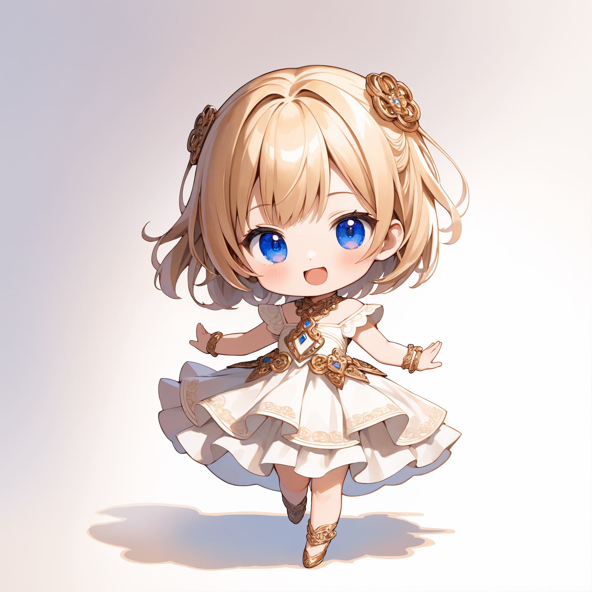 SceneDescription:
  - Composition: Full body shot.
  - Subject: A cute girl.
    - Characteristics:
      - Clothing: White layered dress.
      - Expression: Amused expression. Open mouth.
      - Posing: Dynamic pose. Looking at viewer.
  - Background: No background. White background.
ArtStyle: Chibi. Deformed. Watercolor. Traditional media.
Quality: Intricate details. Extremely detailed. Outstanding intricacies. (Masterpiece:1.2). (Best quality:1.2). (Absurdres absolutely resolution:1.4).
Mood: Serene atmosphere.