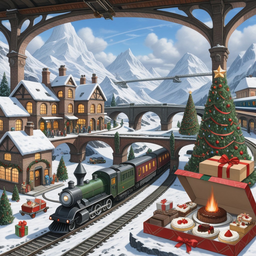 train station, bridge, window, science fiction, traditional media, motor vehicle, day, vehicle focus, road, gift, railway, christmas, food, cloud, box, cake, fireplace, plant, weapon, snow