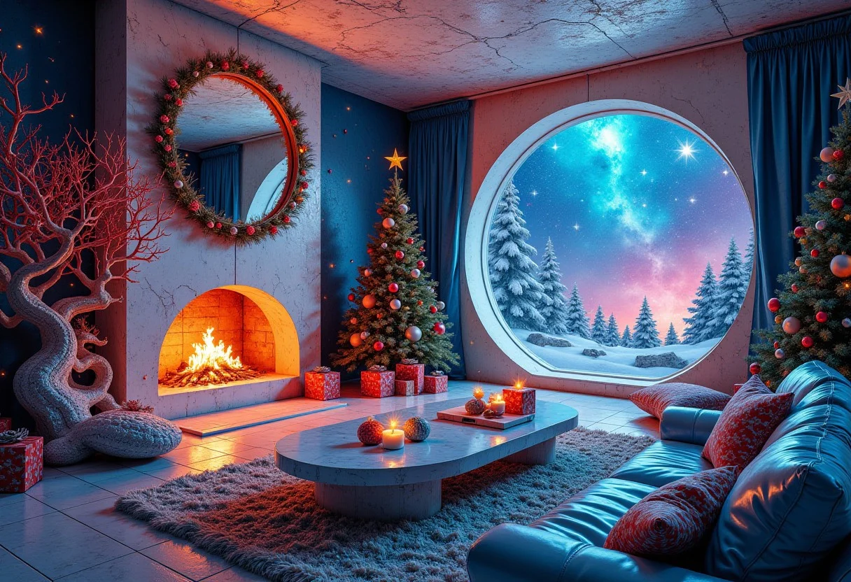A surreal alien living room decorated for Christmas in a far-off galaxy. The Christmas tree is a bioluminescent organism with flowing tendrils that shift between colors. Gifts are organic pods, pulsating softly with inner light. The fireplace is a circular portal emitting soft blue flames, and the furniture is sleek and organic, as if grown from the floor itself. The walls shimmer with iridescent patterns, and outside the window, a colorful nebula fills the sky. Otherworldly, immersive, bold textures, christmas living room