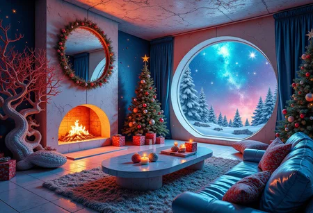 A surreal alien living room decorated for Christmas in a far-off galaxy. The Christmas tree is a bioluminescent organism with flowing tendrils that shift between colors. Gifts are organic pods, pulsating softly with inner light. The fireplace is a circular portal emitting soft blue flames, and the furniture is sleek and organic, as if grown from the floor itself. The walls shimmer with iridescent patterns, and outside the window, a colorful nebula fills the sky. Otherworldly, immersive, bold textures, christmas living room
