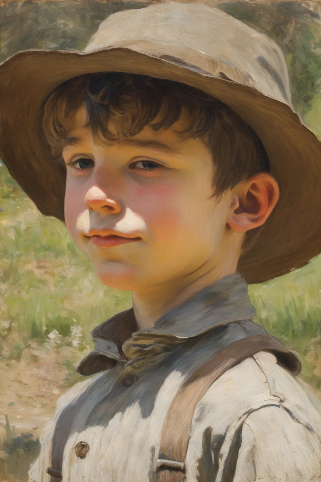 Jules Bastien-Lepage Style - Close-up of a young boy of the 1890s, showing joy, wearing a wide-brimmed hat, wearing overalls. profile view. Claude Monet painting Style.