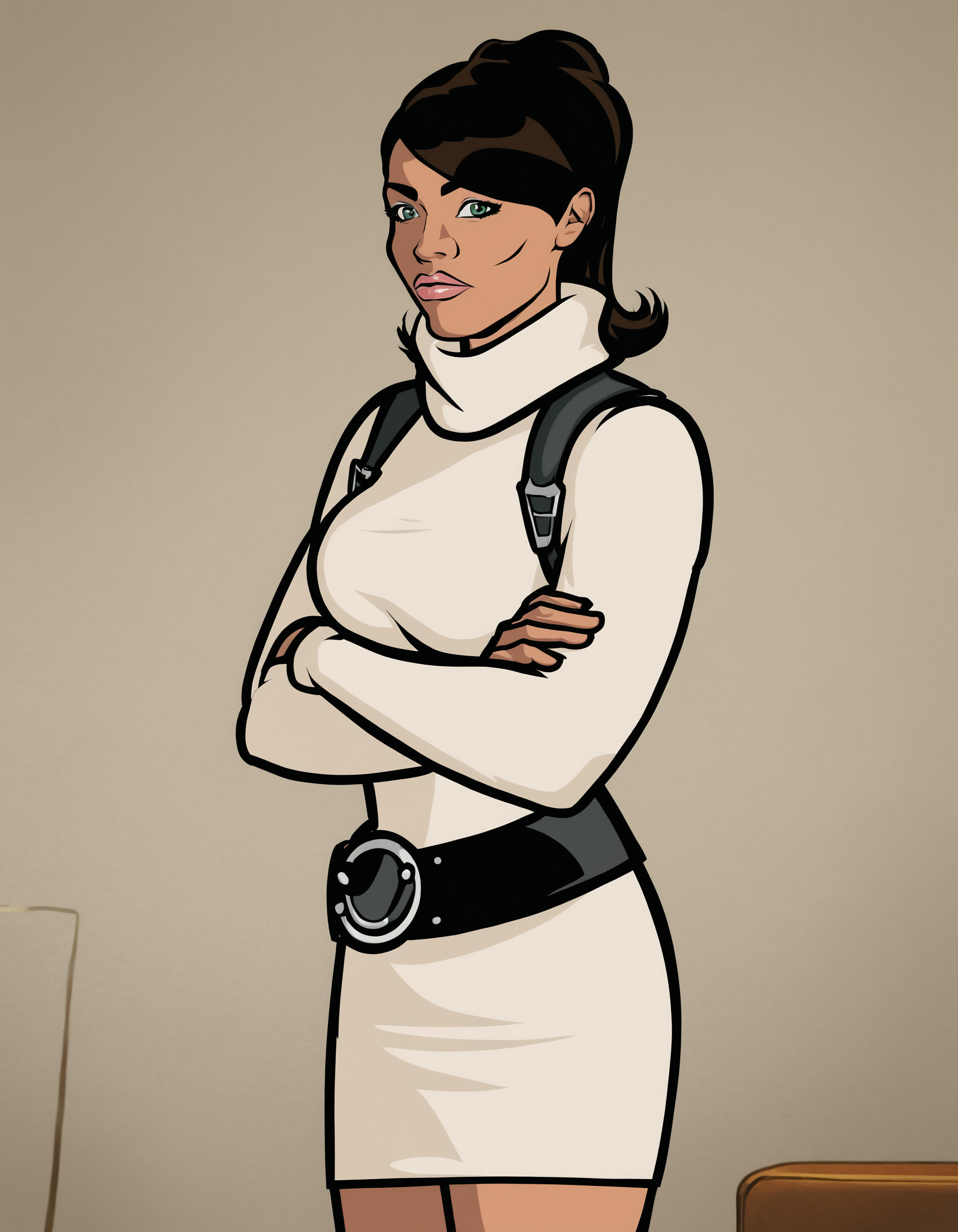 , score_9, score_8_up, score_7_up, score_6_up, score_5_up, score_4_up, looking at viewer, hand on own hip, cowboy shot,crossed arms,belt,   lana, brown hair,green eyes, ponytail, lips, white turtleneck dress, shoulder holster,black theigh boots,indoors,  <lora:LanaKanePony1.0:1>  belt,black theigh boots