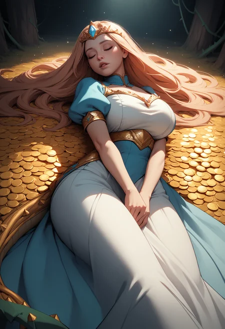 score_9, score_8_up, score_7_up BREAK 1girl, solo, lying, on bed, princess, long dress, gold coin, thorns, vines, plant, v arms, sleeping, huge breasts, long dress, (guardian monster, dragon tail), puffy sleeves, short sleeves, high collar, cowboy shot, indoors, ((dutch angle)), tiara, trap \(contrivance\), danger, bound, light blush, parted lips, treasure, sunbeam, light particles, size difference, floating hair, from above, out of frame, [chain:vines:0.2], [rope:vines:0.2], bdsm,
