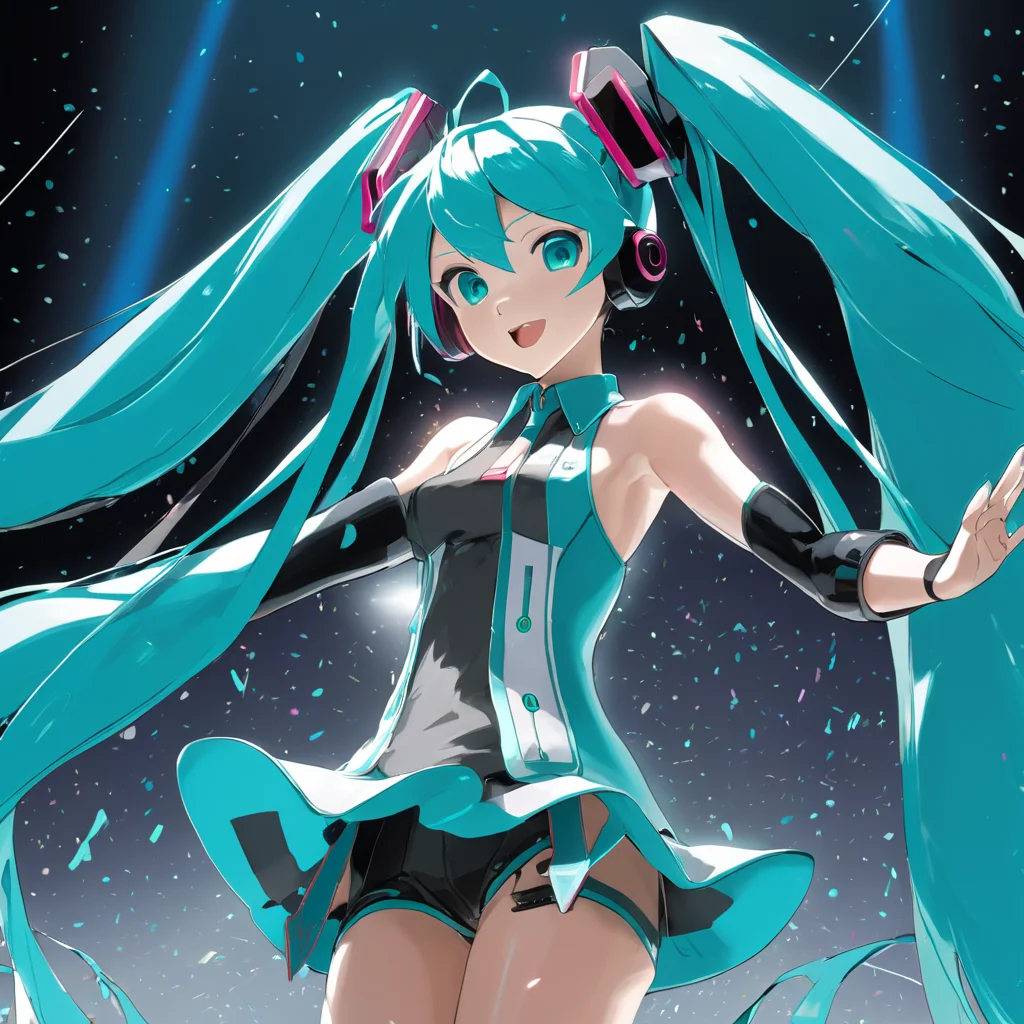 hatsune miku <lora:hatsune_miku:0.5>, upper body, stage, detailed background, masterpiece, best quality, high quality