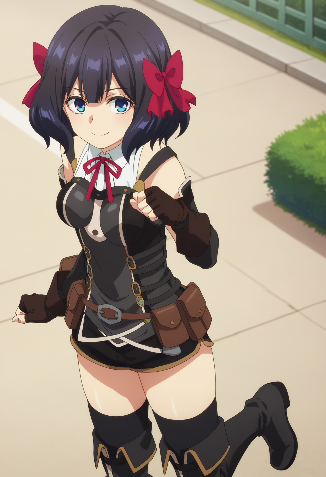 score_9, score_8_up, score_7_up, source_anime,
BREAK
1girl, solo, anime screencap, anime coloring, 
<lora:shiTinoShadeV1:0.95>, 
shitinoshade,
short hair, black hair, red ribbon, red bow, hair ribbon, blue eyes,
fingerless gloves, black gloves, detached sleeves, elbow gloves,
black thighhighs, thigh boots, black footwear, black shorts, short shorts, belt pouch, belt, pouch, 
looking at viewer, smile, leg up,