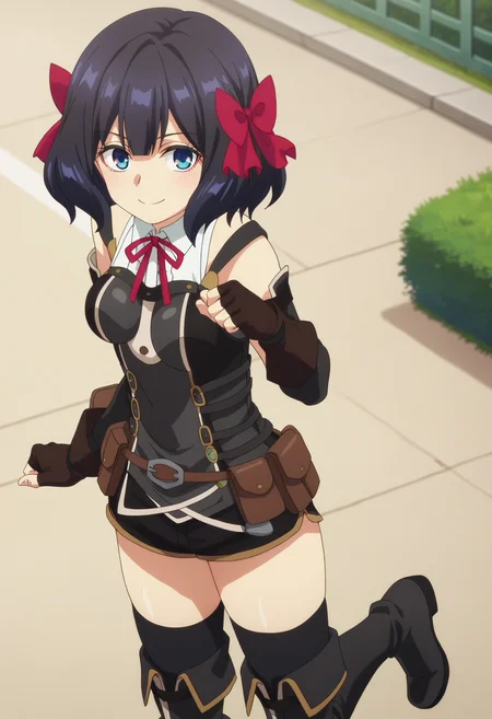 score_9, score_8_up, score_7_up, source_anime,
BREAK
1girl, solo, anime screencap, anime coloring,
<lora:shiTinoShadeV1:0.95>,
shitinoshade,
short hair, black hair, red ribbon, red bow, hair ribbon, blue eyes,
fingerless gloves, black gloves, detached sleeves, elbow gloves,
black thighhighs, thigh boots, black footwear, black shorts, short shorts, belt pouch, belt, pouch,
looking at viewer, smile, leg up,