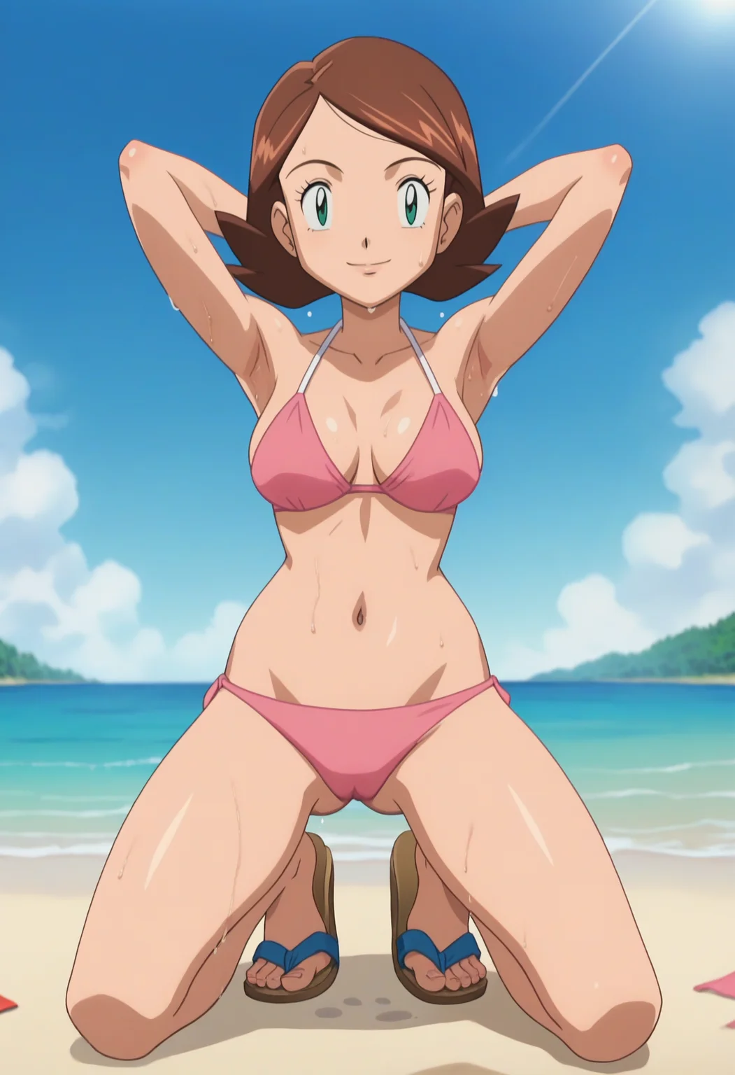 score_9, score_8_up, score_7_up, score_6_up, anime screencap, anime coloring, <lora:PMRhodaRhondaSis_epoch_8:0.8>, PMRhonda, brown hair, short hair, green eyes,
pink bikini, looking at viewer, smile, arms behind head, armpits, wet, sweat, closed mouth, standing, sandals,  kneeling, legs apart, 
BREAK beach, sunlight, blue sky, cloud,