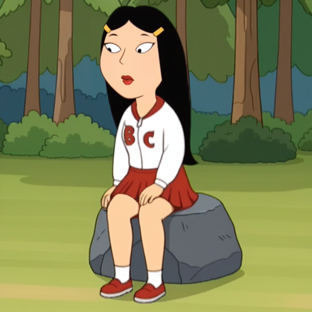 score_9_up, score_8_up, BREAK, UnnamedAsianGirl, 1girl, solo, black hair, long hair, black eyes, lipstick, hairclip, shirt, red skirt, white socks, red footwear,  <lora:UnnamedAsianGirl_FamilyGuy_PXL_Leaf1:0.9>, outdoors, forest, closed mouth, sitting on rock,