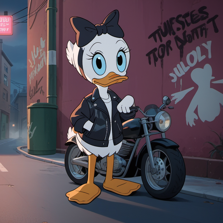 score_9, score_8_up, score_7_up, 1girl, solo, webby1, duck, beak, black bow, standing in alleyway, black leather jacket with spikes, white shirt, leaning against wall with graffiti, cool, cute , looking at viewer,  black hair bow, bird, furry, furry female, blue eyes, full body, trashcans, motorcycle, fog, glowing neon sigh, atmospheric, overcast night, Volumetric Lighting, <lora:webby1:1>,