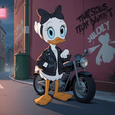 score_9, score_8_up, score_7_up, 1girl, solo, webby1, duck, beak, black bow, standing in alleyway, black leather jacket with spikes, white shirt, leaning against wall with graffiti, cool, cute , looking at viewer,  black hair bow, bird, furry, furry female, blue eyes, full body, trashcans, motorcycle, fog, glowing neon sigh, atmospheric, overcast night, Volumetric Lighting, <lora:webby1:1>,