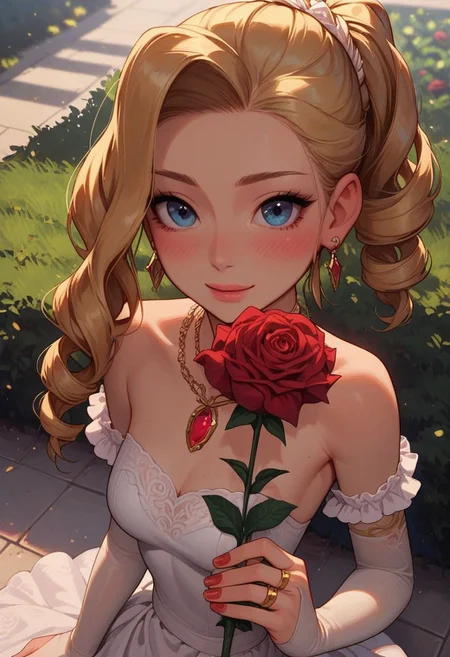 score_9, score_8_up, score_7_up, score_6_up, 
1girl, 25 years old, perfect face, cute, petite,
blue eyes,
long hair, blonde hair, sidelocks, drill ponytail,
gold crown, gold jewelry, earrings, necklace, red gem, 
wedding dress, lace, bridal gauntlets,
wedding, park, green garden, holding roses, 
blush, shy smile, 
looking at viewer, dynamic angle, depth of field, detailed hands, red nails, 
cowboy shot,