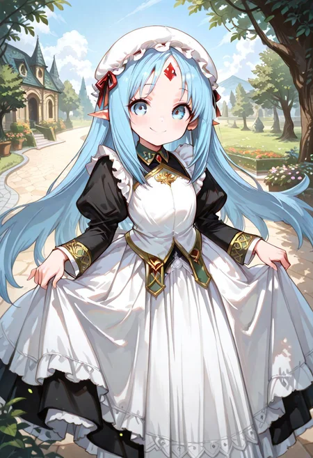 masterpiece, best quality, good quality, very awa, very aesthetic, absurdres, newest, high resolution,high quality,detailed,cute details, gr4ph1t3, beautiful eyes, perfect eyes, detailed eyes, 1girl, solo, reset_kalar_il ,pointy ears,blue hair,long hair,red gem forehead, (maid dress:1.4), full sleeves, classic Victorian style, (black dress:1.4), white maid apron, maid mob cap, looking at viewer, very cute, cute skirtlift, courtesy pose, blush, happy smile, outdoors, closeup, garden, beautiful day