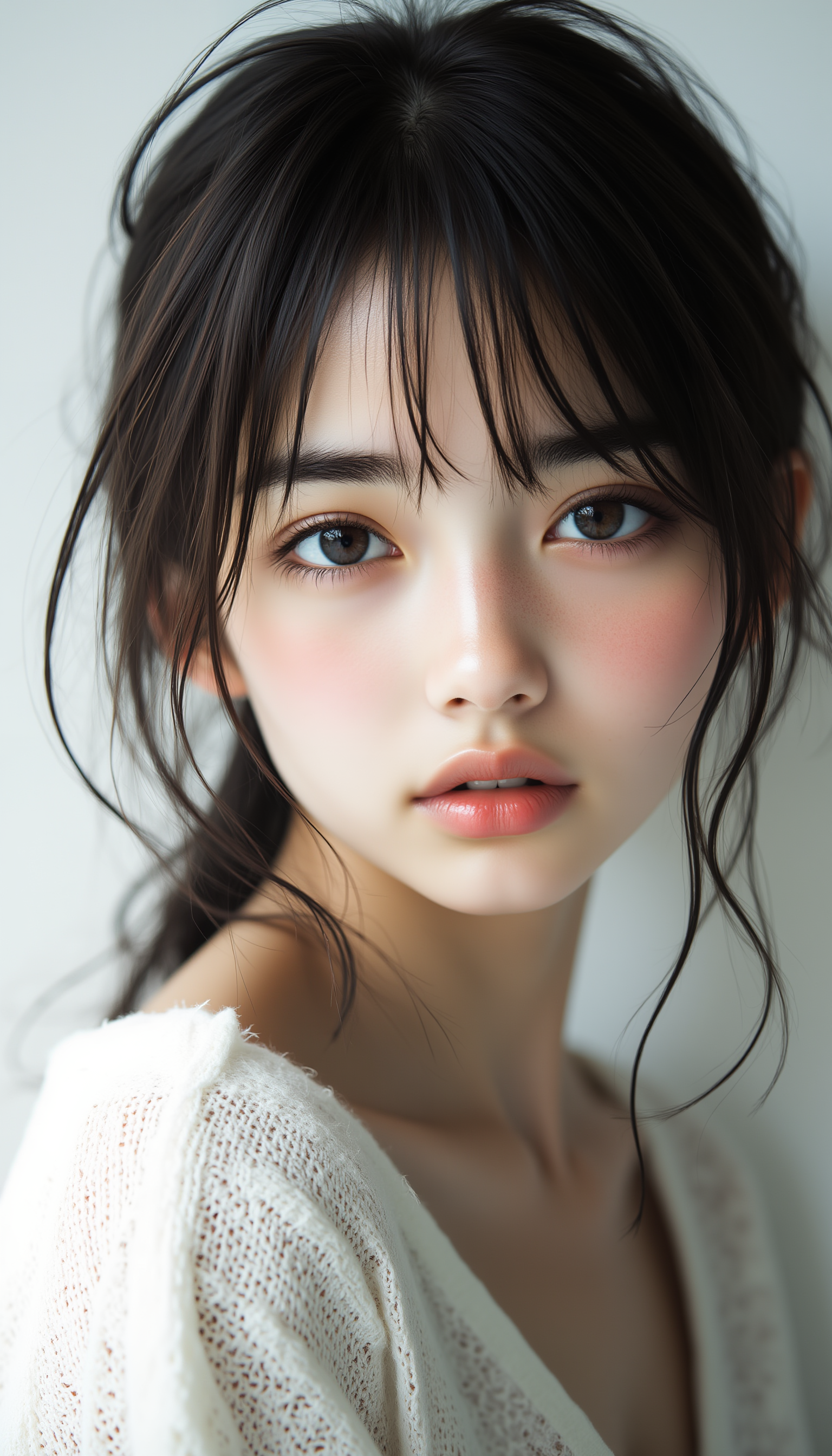 midjourney_whisper_innocent_eyes,  A stunning teenage Japanese girl with flawless, model-like facial features and large, captivating eyes that exude a sense of strength and innocence. Her natural beauty is the focal point, with soft lighting enhancing the smoothness of her skin and the subtle highlights in her hair. Her gaze is intense yet tender, drawing the viewer in with its depth and purity. She is dressed in a simple, elegant outfit that complements her youthful charm. The background is minimalist and unobtrusive, allowing her captivating presence to shine, <lora:midjourney_whisper_innocent_eyes_v01:1>,