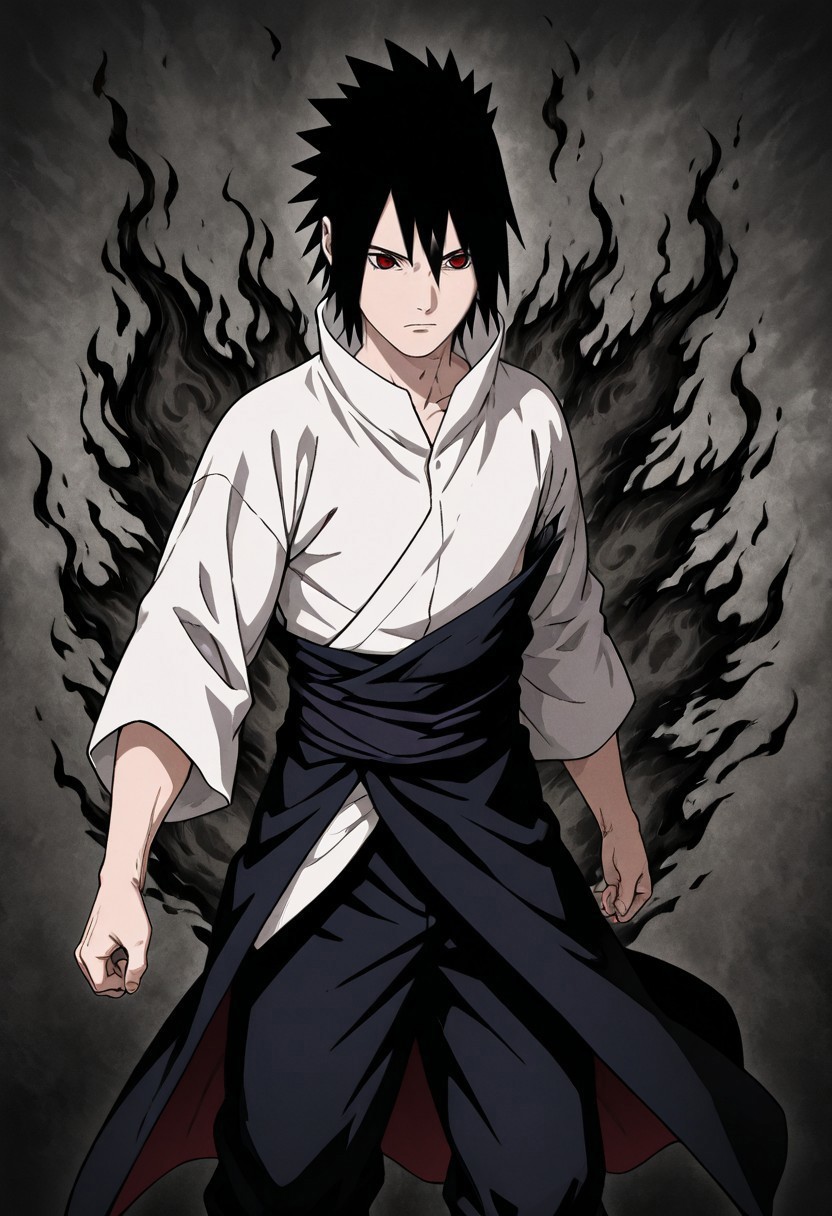 masterpiece, best quality, newest, absurdres, highres, anime, anime style, A/BFV1.0, black fire, fire, flame, 1boy, 1boy, uchiha_sasuke, spiked hair, red eyes, black hair, japanese clothes, waist cape, white shirt, solo, solo focus,