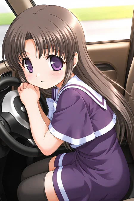 masterpiece, best quality, absurdres, official art, official style, general BREAK <lora:nonoharayui_IL_v1-3:0.7>, nonohara yui, 1girl, solo, purple eyes, brown hair, black hair, parted bangs, long hair, straight hair, flat chest, aged down, school uniform, purple capelet, purple dress, sailor dress, short dress, white sailor collar, white bowtie, short sleeves, white line, zettai ryouiki, black thighhighs, blush, sitting, head rest, looking back, looking to the side, looking at viewer, from side, parted lips, stunned, car interior, motor vehicle, steering wheel, own hands together, close-up, own hands clasped, rain, dutch angle