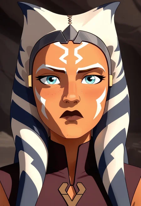 Score_9, Score_8, Score_7, TDPStyle, ahsoka tano, Bust Shot, Looking at Viewer, Bored, Cave Background
