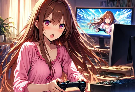 High detailed, ultra detailed, masterpiece, 1girl, gamer, long hair, brown hair, pink eyes, nightwear, early morning, playing on the PC, dawning, staring at the TV, fighting game, holding video game controller, energetic, excited, perfecteyes, easynegative
