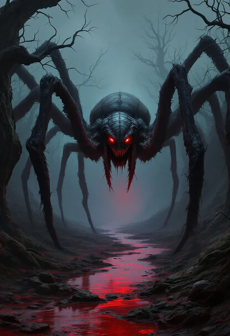 A haunting digital painting of a colossal, menacing spider emerging from a blood-red stream in a desolate, mist-filled forest of twisted, skeletal trees. The spider's sinister gaze and posture exude a sense of lurking dread and impending doom. The eerie atmosphere is accentuated by the combination of Zdzisław Beksiński's desolate landscape and Greg Rutkowski's striking creature design. The image is rendered with Unreal Engine 5, utilizing a wide-angle lens to simulate a low-to-the-ground perspective, deep shadows, and volumetric lighting to create an ominous mist. The predominant color palette consists of dark reds and purples, with hints of black, and rough textures on the spider and tree bark. The blood-red water reflecting the spider adds to the, dark fantasy