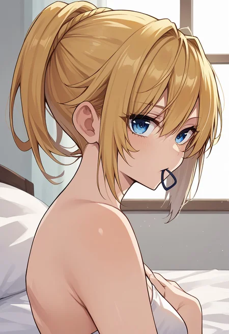 zPDXL3, score_9_up, score_8_up, score_7_up, (Anime_source), 1girl, arms up, ponytail, tying hair, adjusting hair, mouth hold, hair tie in mouth, JunShiosato-artstyle, blue eyes, blonde hair, short hair, cowboy shot, looking at viewer, parted lips, from side, kneeling on bed, sunlight