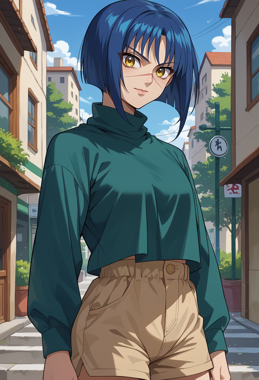 score_9, score_7_up, source_anime, BREAK <lora:Tokiko:1>AETokiko, yellow eyes, blue hair, bob cut, short hair, scar on nose, green turtleneck shirt, long sleeves, beige shorts, light smile, standing,