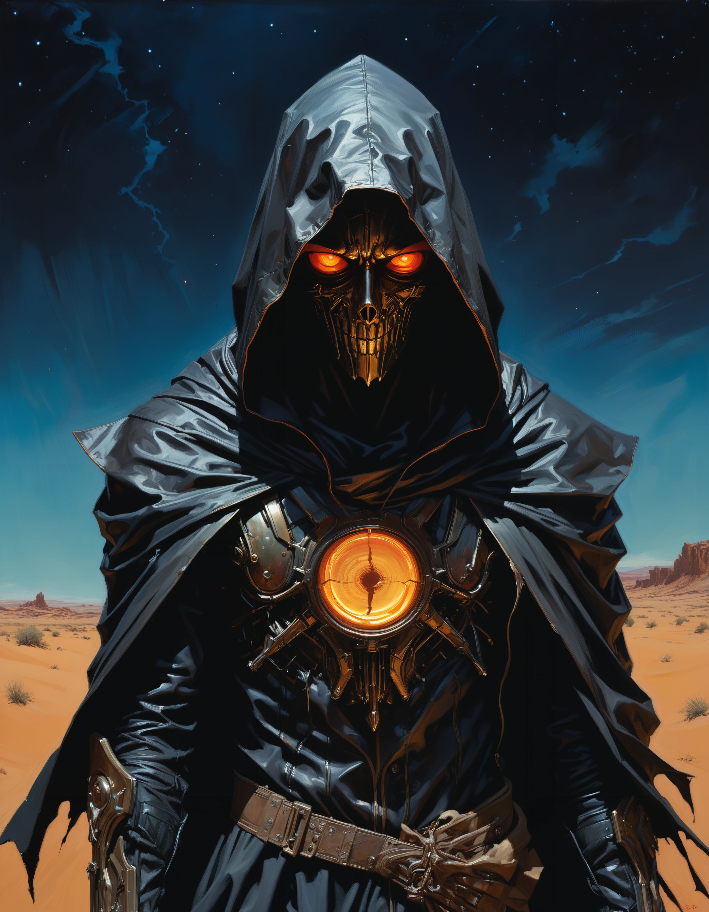 by Clive Barker, by JC Leyendecker, by Rafael Albuquerque, a dark hooded fantasy assassin with glowing eyes, walking on a black desert, otherworldly galactic night sky dressed in flowing rags, sad, dark, chiaroscuro, darkness, sparely lit, melancholic, extreme low key lighting, in the (style ofRealism:1.6), limited dark color palette, unusual colors, highly dramatic volumetric lighting
<lora:xl_more_art-full_v1:0.5>