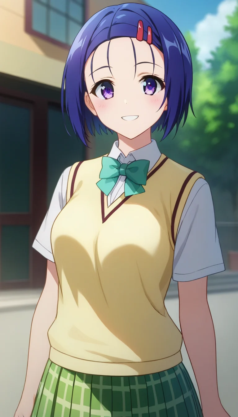 score_9,score_8_up,score_7_up,score_6_up BREAK official art,solo,outdoors,upper body,(portrait:1.5),looking at viewer,facing viewer,smile,blush,Sairenji Haruna,short hair,blue hair,hair ornament,hairclip,forehead,purple eyes,school uniform,sweater vest,yellow vest,white shirt,collared shirt,green bowtie,short sleeves,medium breasts,miniskirt,green skirt,plaid skirt,pleated skirt,black socks,loafers,<lora:Sairenji Haruna(tlr)-Pony:1.6>,