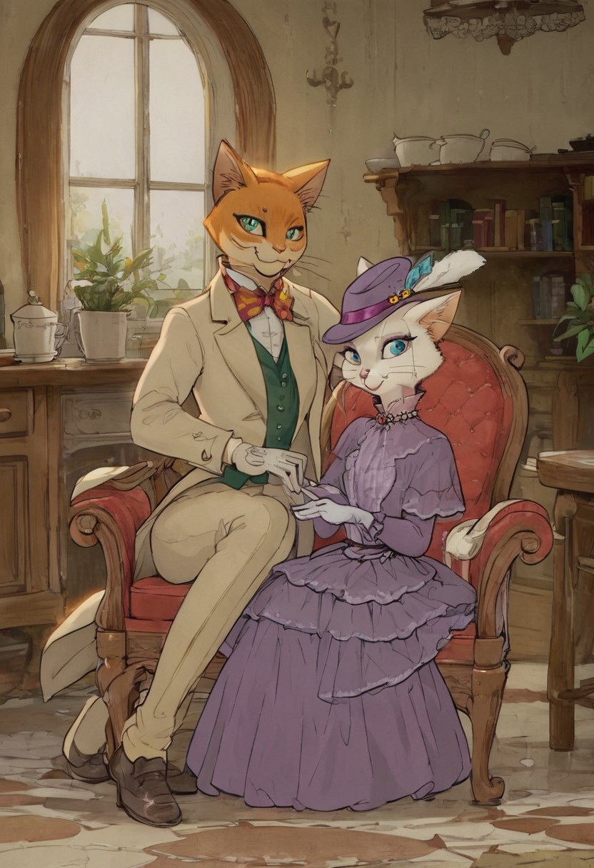 score_9, score_8_up, score_8, cute, in the style of beatrix potter, cel-shading, fca style, baroness louise, white fur, cat, female cat, blue eyes, anthro, gloves, purple hat, elegant hat, purple dress, looking at viewer, beautiful eyes, smile, 1girl, BREAK
baron humbert, ginger fur, blue eyes eyes, cat, male, anthro, suit, tuxedo, blue blow-tie, white gloves, 1boy, BREAK
duo, indoors, victorian house, sitting at chair, table, kitchen