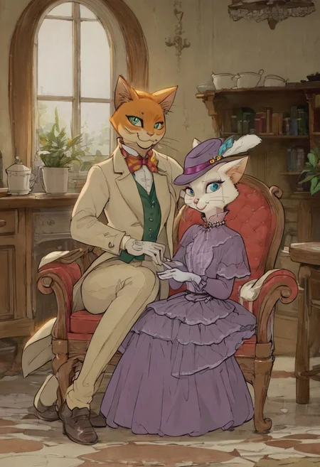 score_9, score_8_up, score_8, cute, in the style of beatrix potter, cel-shading, fca style, baroness louise, white fur, cat, female cat, blue eyes, anthro, gloves, purple hat, elegant hat, purple dress, looking at viewer, beautiful eyes, smile, 1girl, BREAK
baron humbert, ginger fur, blue eyes eyes, cat, male, anthro, suit, tuxedo, blue blow-tie, white gloves, 1boy, BREAK
duo, indoors, victorian house, sitting at chair, table, kitchen