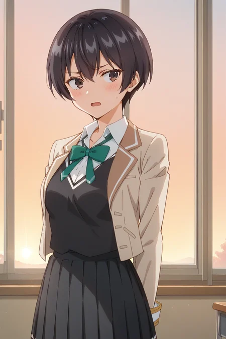 score_9, score_8_up, score_7_up, source_anime, 1girl, prefect lighting, very aesthetic, intricate details, highly detailed background, masterpiece, high quality, prefect hands, best quality, solo,
<lora:Chisaki_Sarashina_Roshidere_V1:.85>, kjochisaki, black hair, black eyes, short hair, hair between eyes,
school uniform, beige open jacket, long sleeves, green bowtie, white collared shirt, black vest, yellow buttons, black pleated skirt,
embarrassed, arms behind back, looking to the side, blush, open mouth,
classroom, window, sunset, sunbeam,
(Beautiful, medium Breasts:1.2), natural breasts,