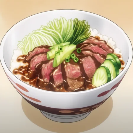 A vibrant cartoon-style image of a beef bowl (Gyudon), featuring succulent slices of beef simmering atop steaming white rice. The beef is richly colored, with shades of brown and hints of savory sauce glazing over it. Steam rises playfully from the bowl, indicating the dish's warmth. The rice is fluffy and distinct, each grain visibly separate. Garnishing the top are finely sliced scallions, adding a pop of green freshness. The bowl has a fun, exaggerated round shape, typical of cartoon illustrations, with bold, simple lines defining its edges against a cheerful, minimalist background, <lora:Shokugeki_food:0.85>