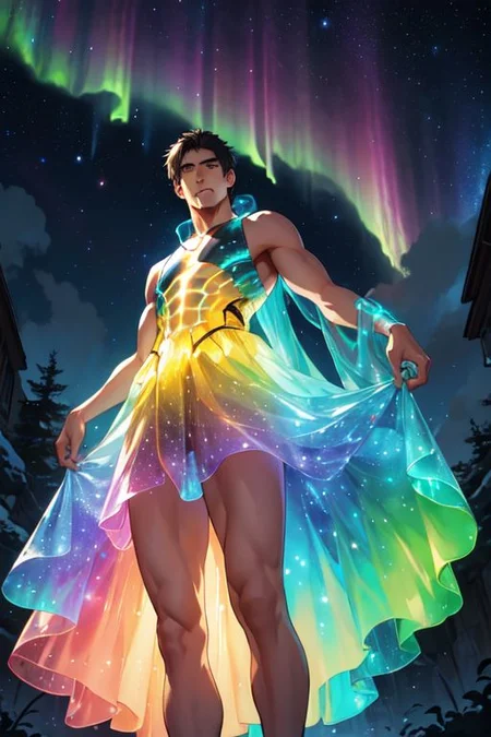 Man, male, hunk, boy, breathtaking 8k, masterpiece, (rainbow gradient bioluminescent dress), (starry night background), nebula, aurora, ((outdoors)), dark background, from below