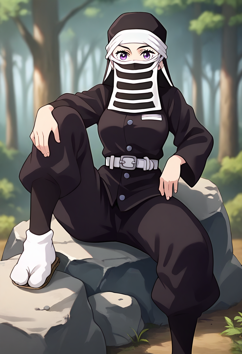 score_9, score_8_up, score_7_up, source_anime, masterpiece, 1girl, ctiankakushi, purple eyes, medium breasts, black headwear, mouth mask, black uniform, white belt, black pants, tabi, zouri, knee up, sitting, rock, looking at viewer, outdoors, forest, depth of field, sunny, daytime, <lora:Kakushi_Pony_ct:0.8>