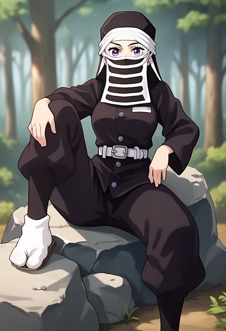 score_9, score_8_up, score_7_up, source_anime, masterpiece, 1girl, ctiankakushi, purple eyes, medium breasts, black headwear, mouth mask, black uniform, white belt, black pants, tabi, zouri, knee up, sitting, rock, looking at viewer, outdoors, forest, depth of field, sunny, daytime, <lora:Kakushi_Pony_ct:0.8>