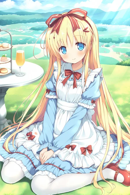 masterpiece,best quality,amazing quality,highres,scenery,newest,1girl,official style,anzu, blonde hair, blue eyes, hair ornament, long hair, hairclip,anzu alice, dress, pantyhose, white pantyhose, bow, alice \(alice in wonderland\), ribbon, apron, hair bow, red bow, blue dress, hair ribbon,mary janes,red footwear,<lora:anzu-000026:1>,outdoors,glass,smile, looking at viewer,wariza,hand on lap,