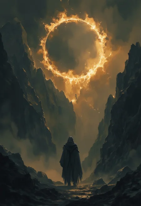 A striking and dramatic scene set against a backdrop of towering, jagged mountains that dominate the landscape. The primary figure stands in the foreground, encapsulating the viewer's attention. This solitary person is clad in a simple, dark cloak that flows around them, blending subtly with the shadowy environment. Their posture is slightly bent forward, suggesting contemplation or curiosity, as they gaze upwards toward a mesmerizing circular phenomenon in the sky.
The mysterious ring of light, glowing with a warm, golden hue, floats ominously against the darkness of the clouds above. The circle appears almost ethereal, contrasting sharply with the otherwise moody atmosphere. It emanates light that reflects off the rocky surfaces, creating a captivating interplay of soft illuminations and deeper shadows. Scattered wisps of cloud weave through the ring, hinting at an approaching storm or shifting weather conditions.