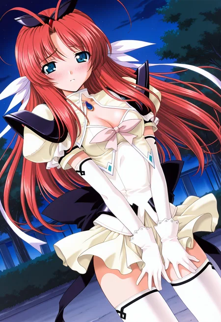 masterpiece,best quality,amazing quality, 1girl, c tear, long hair, red hair, antenna hair, aqua eyes, hair ribbon, hair bow, ribbon, dress, cleavage cutout, white underbust, black armor, white elbow gloves, blue brooch, pink bowtie, white thighhighs, outdoors, night, looking at viewer, dutch angle,  blush,<lora:Princess_Tear_ILLUS_c-000009:0.9>