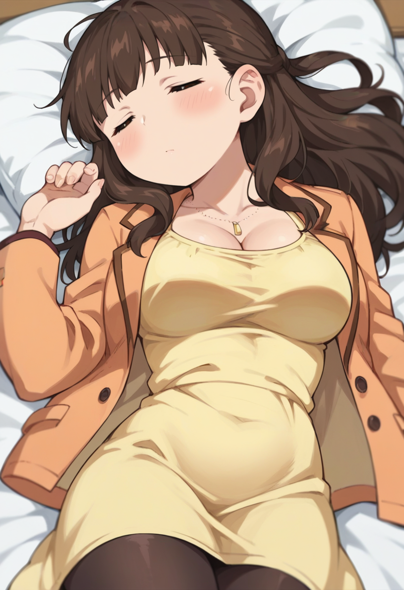 score_9, score_8_up, score_8, source_anime, 1girl, <lora:MarinaSugisaki:0.85> , solo, brown eyes, brown hair, long hair, yellow dress, dark pantyhose, light orange jacket, breasts, cleavage, jewelry, blush, asleep, lying on back,
bedroom background, blurry background,