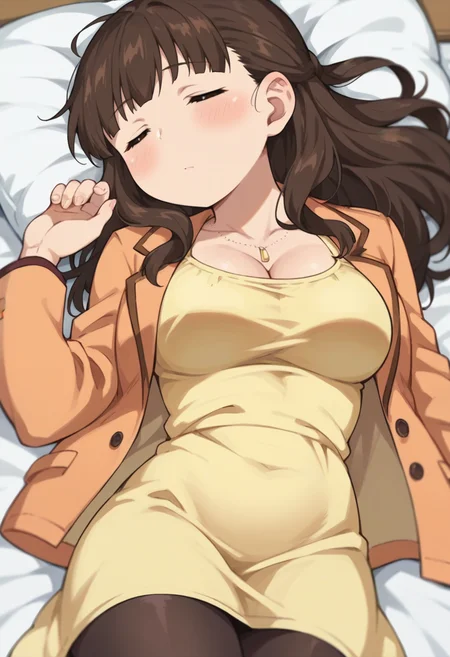 score_9, score_8_up, score_8, source_anime, 1girl, <lora:MarinaSugisaki:0.85> , solo, brown eyes, brown hair, long hair, yellow dress, dark pantyhose, light orange jacket, breasts, cleavage, jewelry, blush, asleep, lying on back,
bedroom background, blurry background,