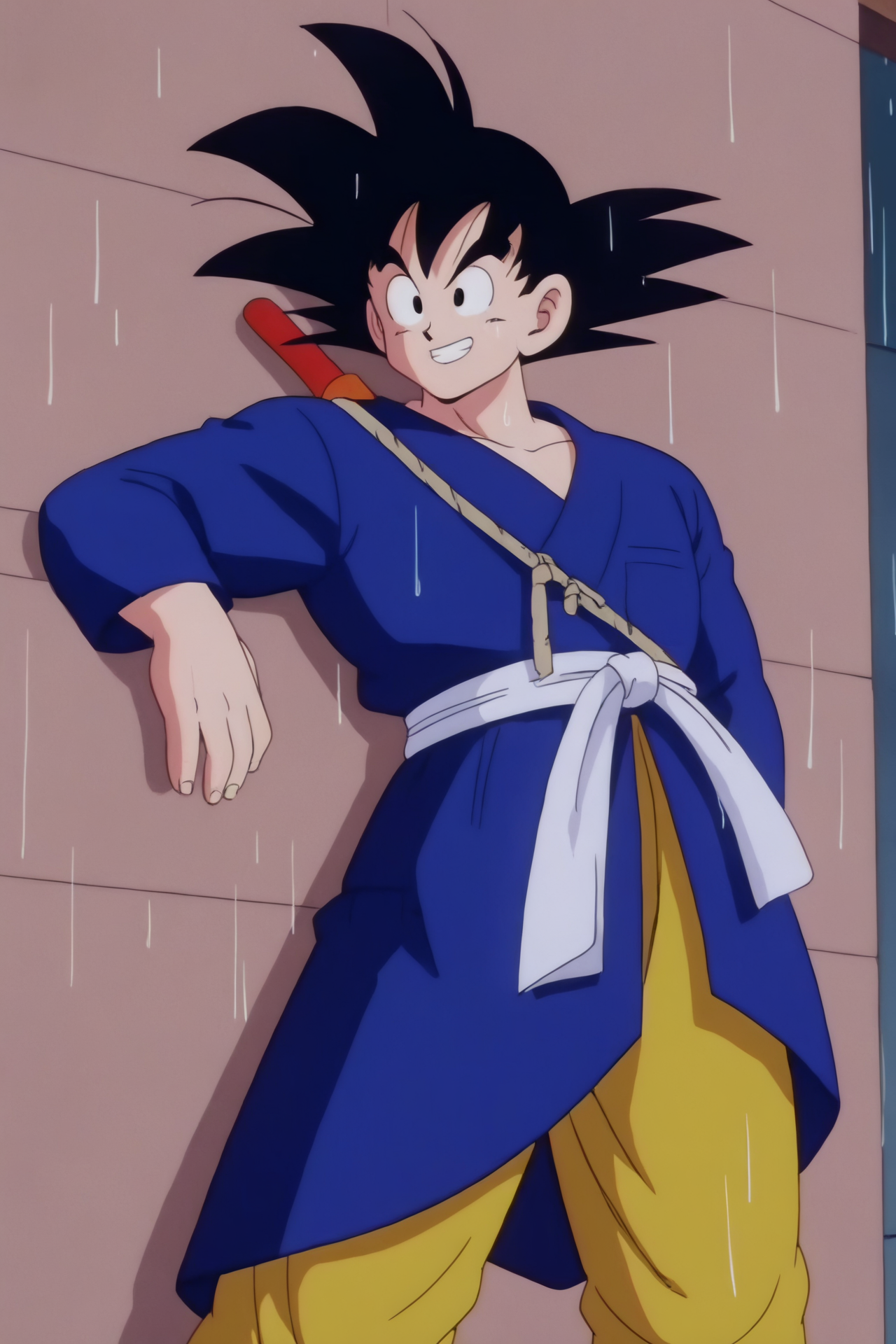 source_anime, score_9, score_8_up, score_7_up, anime screencap,8k, absurd res, 
son goku, aged up, solo, smile, black hair, 1boy, male focus, boots, black eyes, spiked hair, rain, yellow pants, leaning against wall, hand on wall, blue kimono, long sleeves, weapon on back, nyoibo, looking at another, fingernails, 1980s \(style\), blue footwear, black undershirt, retro artstyle
 <lora:gokudb_pony_v2:0.8>