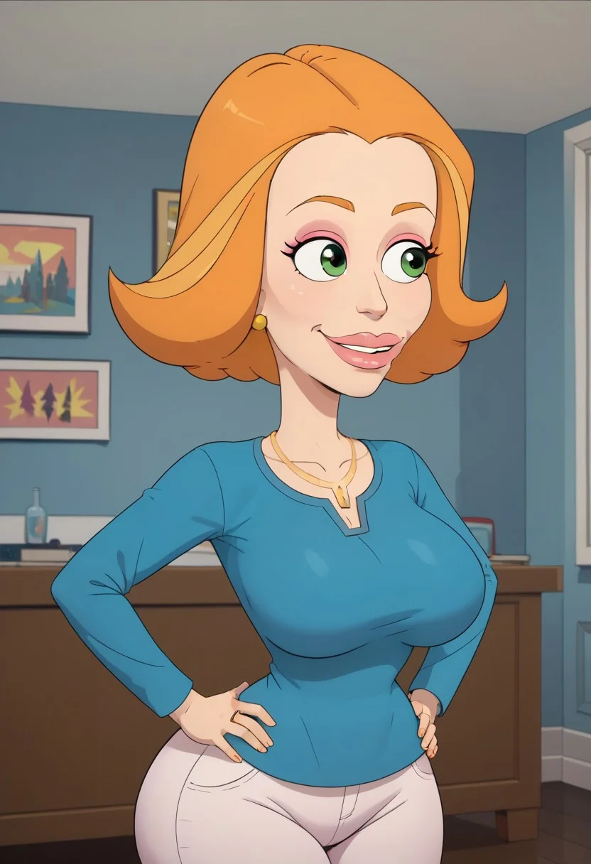 ((bedroom background)),score_9, score_8_up, score_7_up,score_6_up,
1girl, Solo, Diane_BM, light skin, green eyes, orange eyebrows, orange hair, short hair, pink lips, pink eyeshadow, blue shirt with v-neck, white skinny jeans, golden earrings, golden ring, golden necklace, yellow flat shoes, huge breasts, smile, narrow waist, huge hips,huge thighs, huge ass, big eyes, perfect lips, perfect smile, cowboyshot, perfect eyes, perfect face, hands on hips