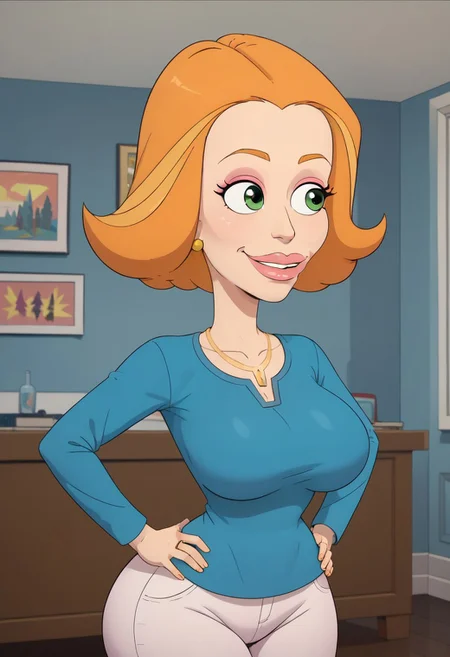 ((bedroom background)),score_9, score_8_up, score_7_up,score_6_up,
1girl, Solo, Diane_BM, light skin, green eyes, orange eyebrows, orange hair, short hair, pink lips, pink eyeshadow, blue shirt with v-neck, white skinny jeans, golden earrings, golden ring, golden necklace, yellow flat shoes, huge breasts, smile, narrow waist, huge hips,huge thighs, huge ass, big eyes, perfect lips, perfect smile, cowboyshot, perfect eyes, perfect face, hands on hips